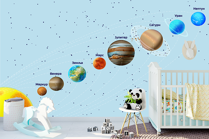 Foto tapeta Planete ćirilicom na svetloplavom nebu na zidu